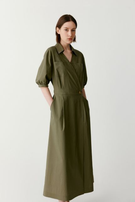 Cotton wrap dress with three-quarter sleeves