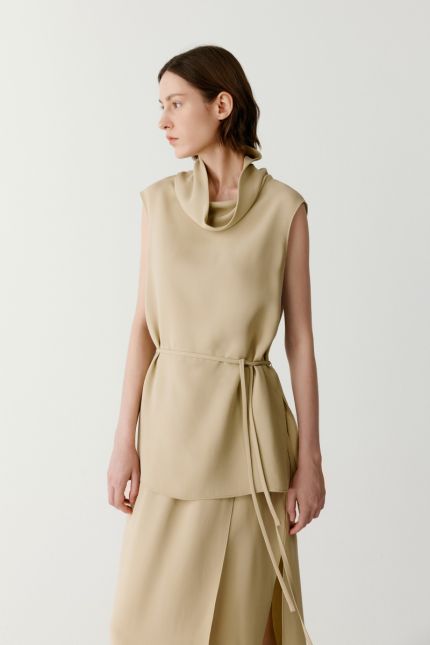 Silk crepe blouse with cowl collar