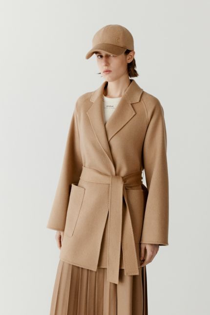 Belted double face camel wool coat