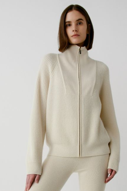 Ribbed cashmere zippered cardigan