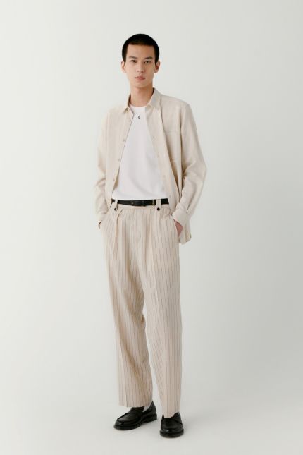 Pantalon ample à rayures en laine, soie et lin