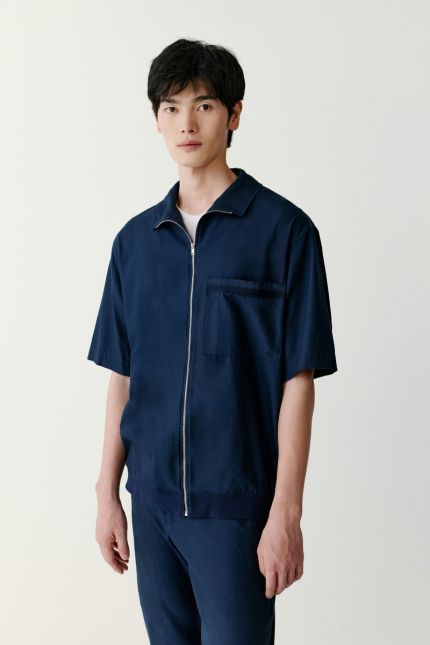Short-sleeved cotton twill overshirt