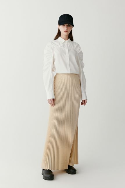 Long pleated wool twill skirt